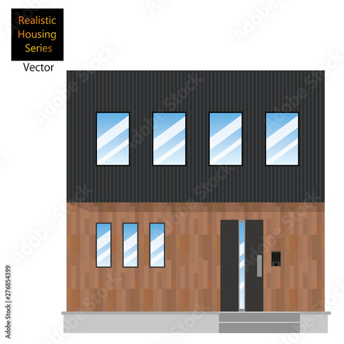 一戸建て、一軒家のイラスト（二階建て）_マイホーム、木造住宅_黒・木目タイル