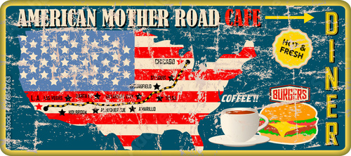 Photo Vintage american mother road diner and cafe sign, retro grungy vector illustrati