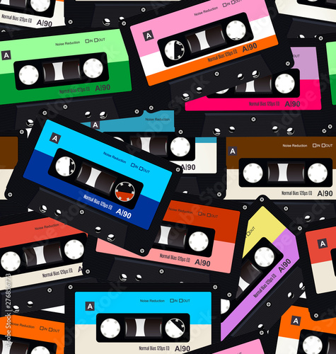 Seamless pattern with old audio retro cassettes 