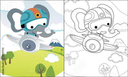 coloring book or page with funny elephant cartoon on little plane