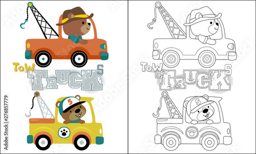 coloring book or page of tow truck cartoon with funny driver