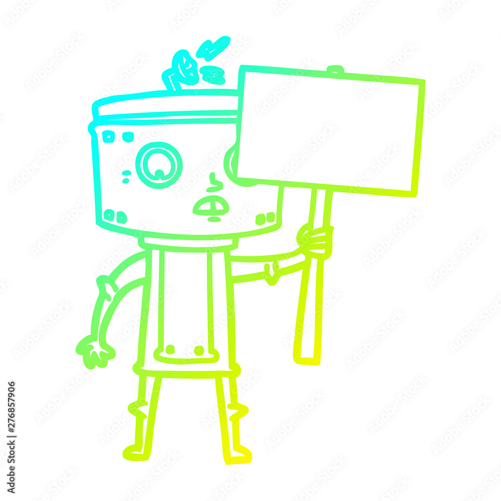 cold gradient line drawing cartoon robot with blank sign cold gradient line drawing cartoon robot with blank sign