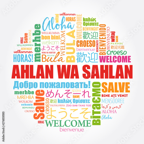 Ahlan Wa Sahlan (Welcome in Arabic) word cloud in different languages, conceptual background