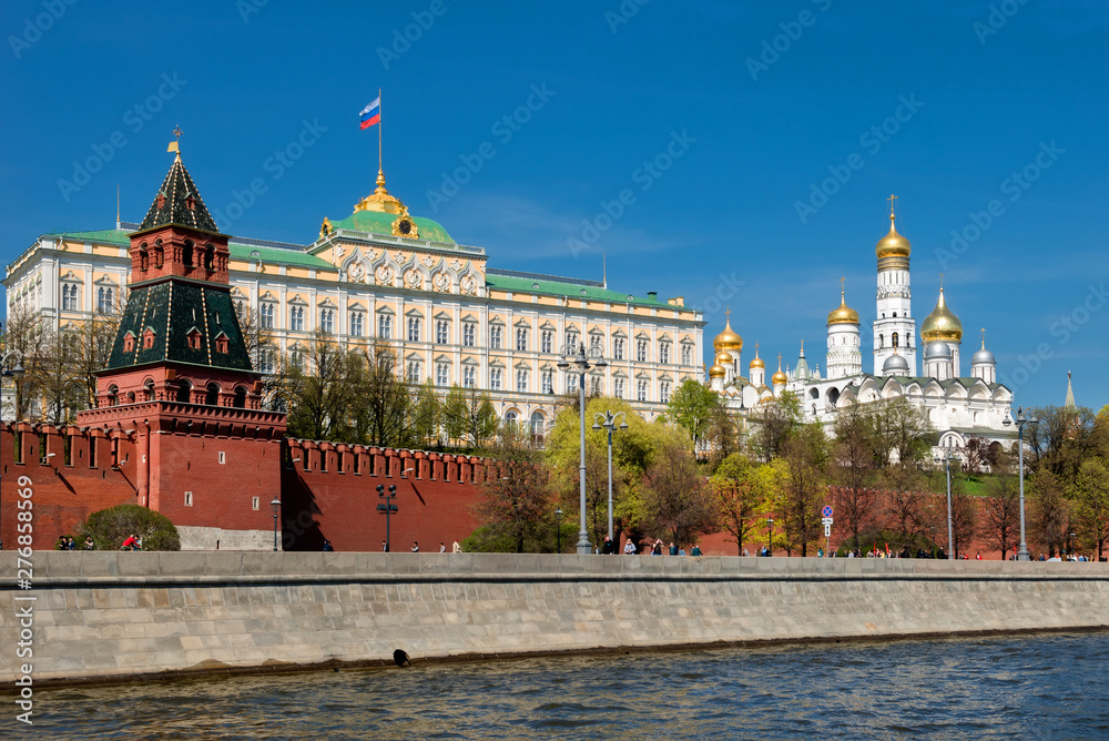 Moscow, Russia - May 6, 2019: View of the Moscow Kremlin and the Kremlin Embankment of Moscow River on a summer day
