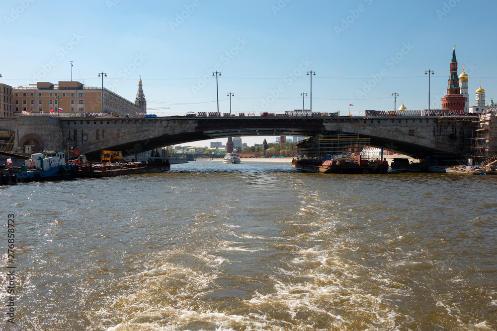 Moscow, Russia - May 6, 2019: View of the reconstruction of the Bolshoy Moskvoretsky Bridge on a summer day