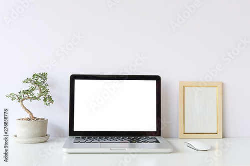 Workspace desk and laptop. copy space and blank screen. Business image, Blank screen laptop and supplies.