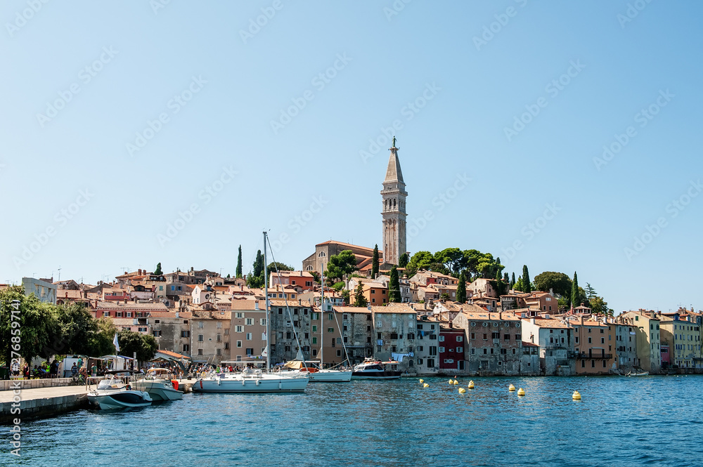 Beautiful and cozy medieval town of Rovinj, colorful with houses and church in Croatia, Europe