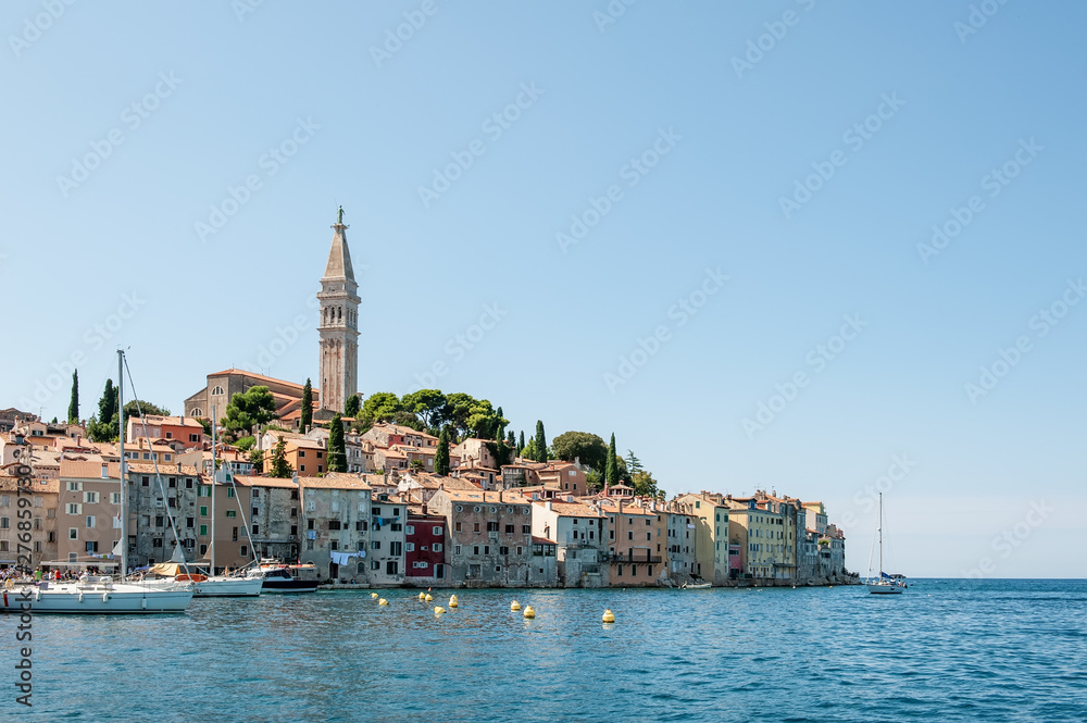 Beautiful and cozy medieval town of Rovinj, colorful with houses and church in Croatia, Europe