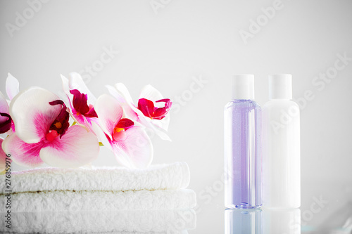 Shower supplies. Composition cosmetic products of spa treatment.