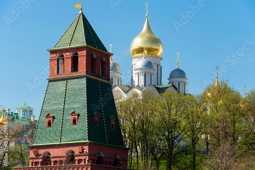 Moscow, Russia - May 6, 2019: View of the Moscow Kremlin, the  Annunciation Cathedral on a summer day