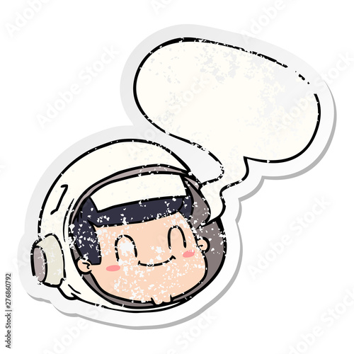 cartoon astronaut face and speech bubble distressed sticker