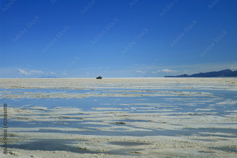 Road Trip to Salar de Uyuni or Uyuni Salts Flats at the End of Rainy Season, Bolivia, South America