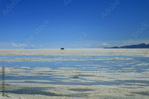 Road Trip to Salar de Uyuni or Uyuni Salts Flats at the End of Rainy Season, Bolivia, South America