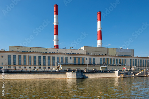 Moscow, Russia - May 6, 2019: View of the pipes of CHPP-12 of Mosenergo OJSC on Berezhkovskaya Embankment on a spring day