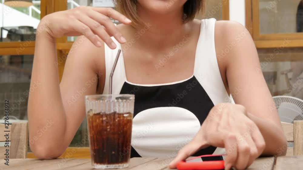 woman drinking cold drink beverage, girl enjoying drinking cola with straw. 4k woman drinking cold drink beverage, girl enjoying drinking cola with straw. 4k