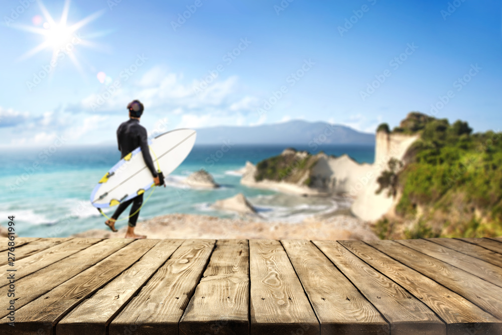 Desk of free space and summer beach background Desk of free space and summer beach background
