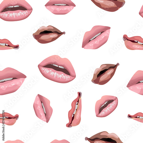 Seamless pattern of female pink attractive lips. Lips with slightly parted teeth, lips with an open mouth, biting the lower lip, lips with a straw in the mouth on a white background