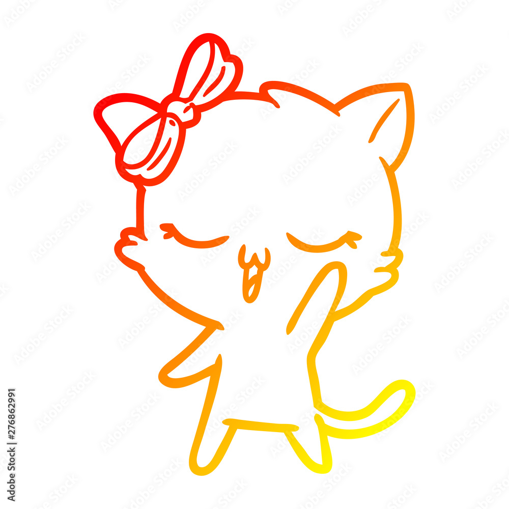 warm gradient line drawing cartoon cat with bow on head waving warm gradient line drawing cartoon cat with bow on head waving