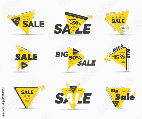 Templates of vector black and yellow triangular tags with percent discounts for big sale.