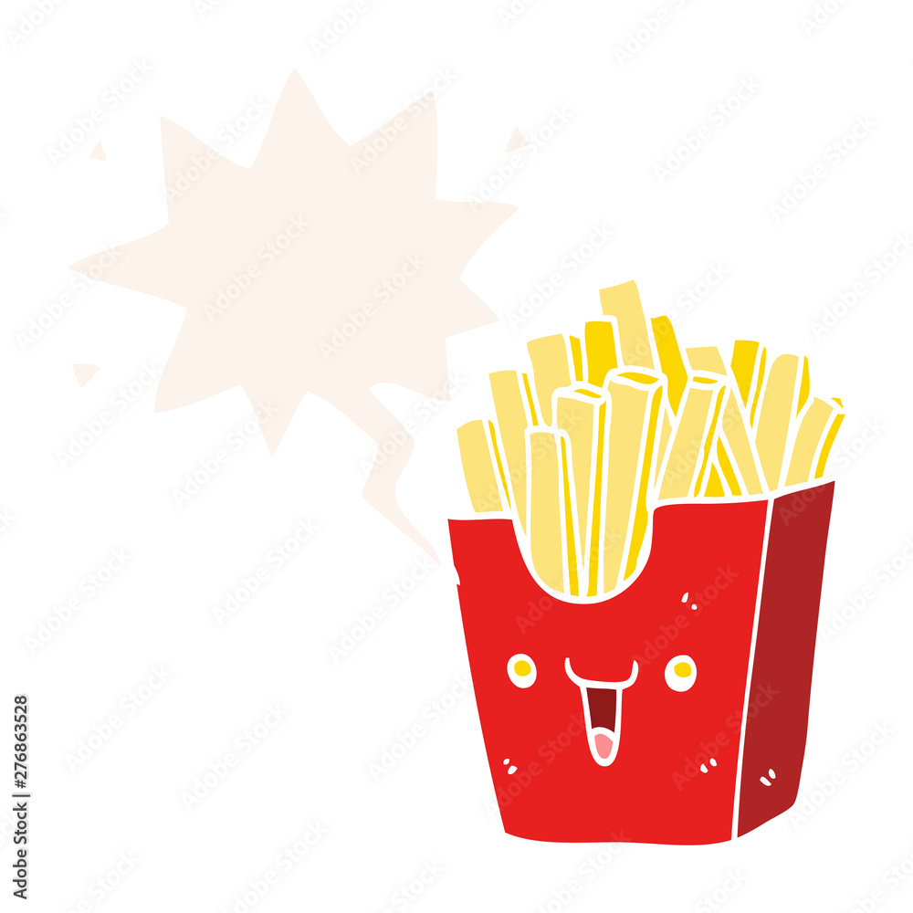 cute cartoon box of fries and speech bubble in retro style cute cartoon box of fries and speech bubble in retro style