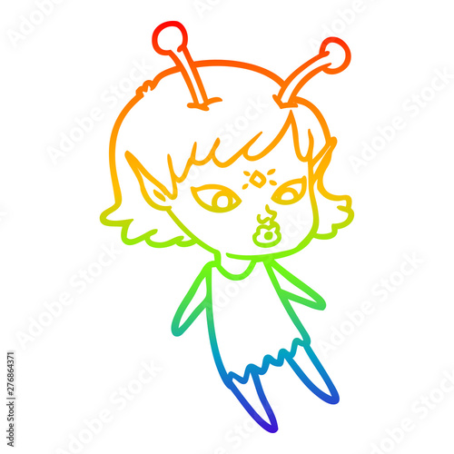 rainbow gradient line drawing pretty cartoon alien girl