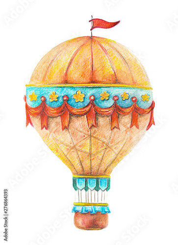 Freehand drawing with pencils. Flying balloon on a white background. Isolated object. The idea of the design of balloons. Bright children cartoon pencil drawing