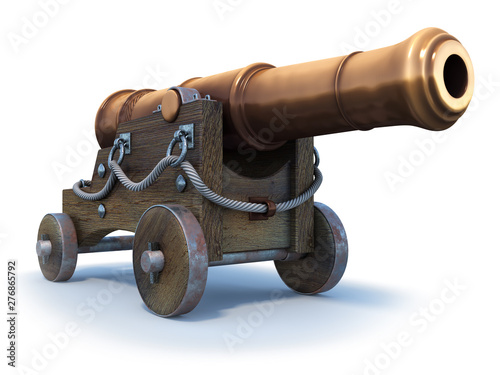 Ship's cannon on a wooden carriage. Medieval. 3d illustration