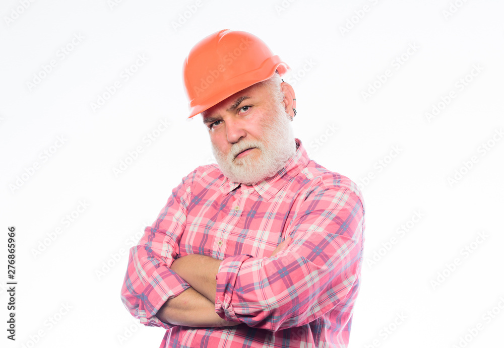 man builder isolated on white. professional skills. build and construction. professional repairman in helmet. architect repair and fix. engineer worker career. mature bearded man in hard hat
