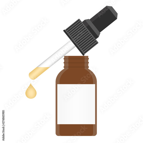 A glass bottle with a pipette with serum yellow. Isolated vector illustration on white background.