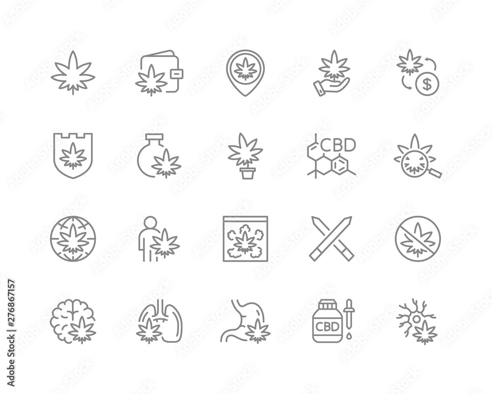 Set of cannabidiol line icons. CBD, cannabis, marijuana oil, treatment, weed, tobacco, hemp flower buds and more.