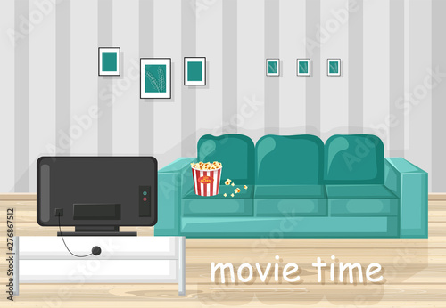 Couch and TV Vector flat style. Movie time in the livingroom illustration