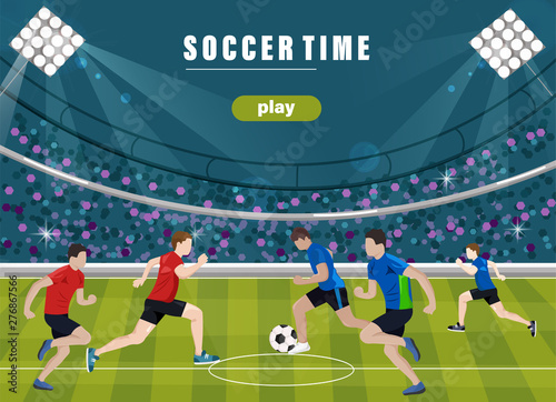 Team playing soccer Vector flat style. Game start. Soccer field brochure templates