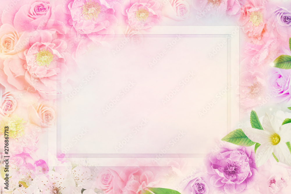 soft romance roses flower frame with copy space for greeting card wedding,valentine in pastel vintage tone        