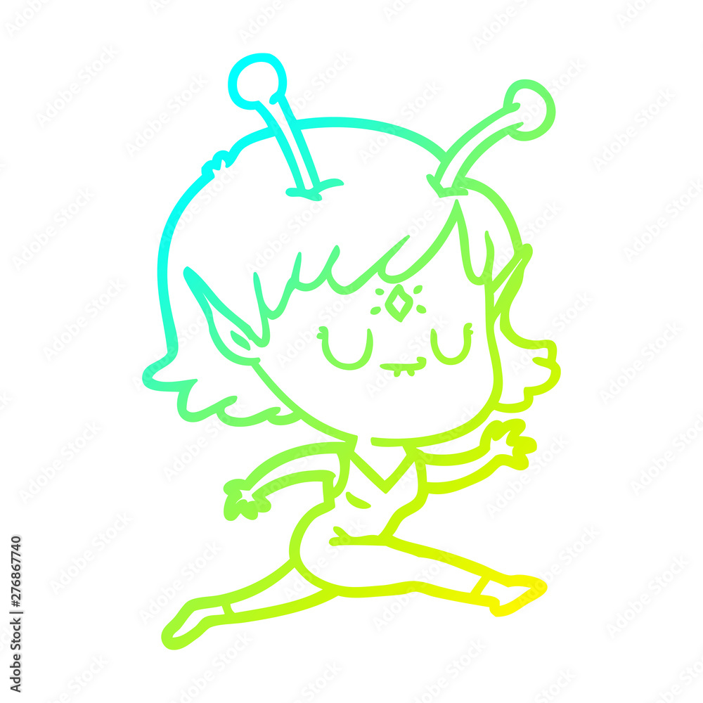 Naklejka premium cold gradient line drawing cartoon alien girl jumping