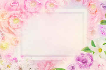 soft romance roses flower frame with copy space for greeting card wedding,valentine in pastel vintage tone        