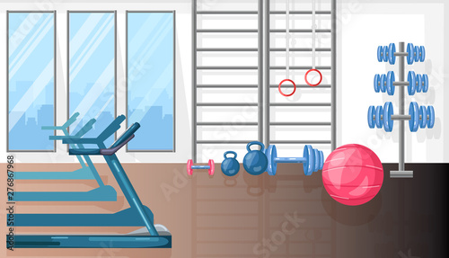 Fitness room with treadmill and sport equipment Vector flat styles