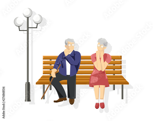 Couples sitting in the park Vector flat style. Old and young couple enjoying ...