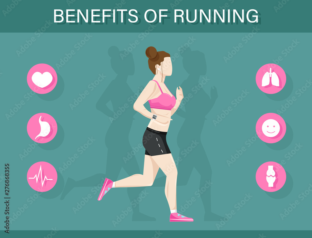 Running benefits template infographic with a woman and icons layout