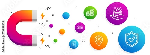 Magnet attracting. Delete file, Parking and Skin care icons simple set. Currency, Refund commission and Confirmed signs. Remove document, Park pointer. Business set. Line delete file icon. Vector