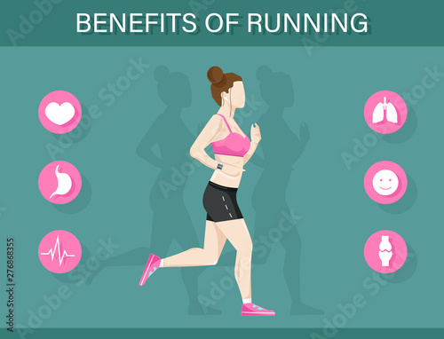 Running benefits template infographic with a woman and icons layout Vector fl...