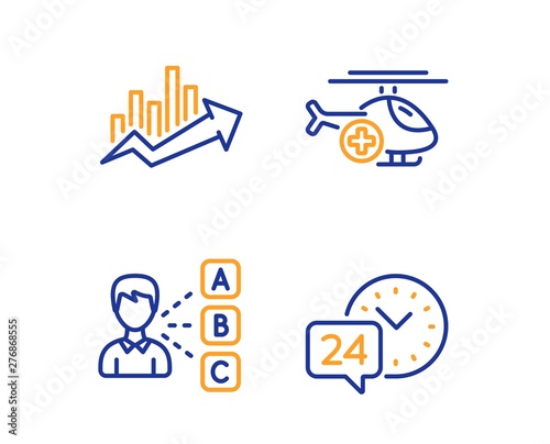 Medical helicopter, Growth chart and Opinion icons simple set. 24h service sign. Sky transport, Sale diagram, Choose answer. Call support. Business set. Linear medical helicopter icon. Vector