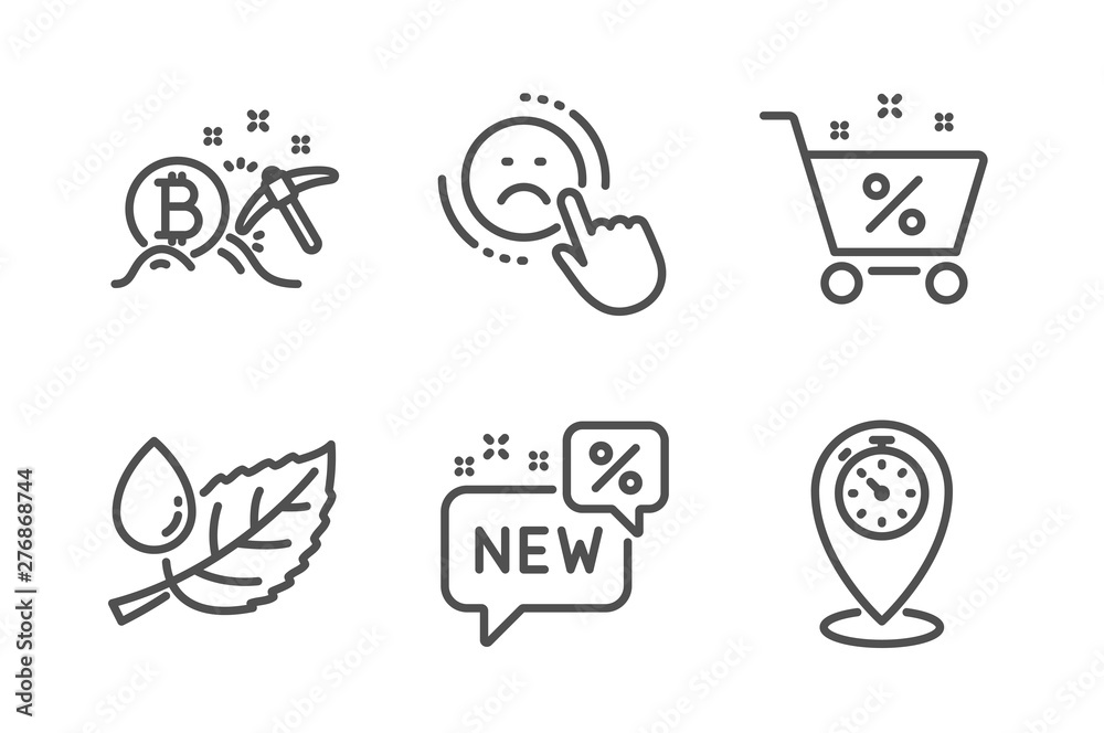 Naklejka premium Leaf dew, Loan percent and New icons simple set. Dislike, Bitcoin mining and Timer signs. Water drop, Shopping cart. Business set. Line leaf dew icon. Editable stroke. Vector