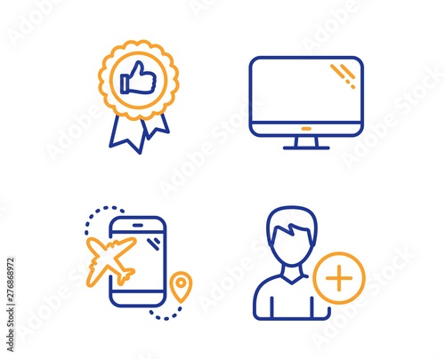 Computer, Positive feedback and Flight destination icons simple set. Add person sign. Pc component, Award medal, Airplane trip. Edit user data. Business set. Linear computer icon. Colorful design set © blankstock