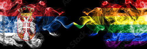 Cuadro en lienzo Serbia vs Gay pride smoky mystic flags placed side by side