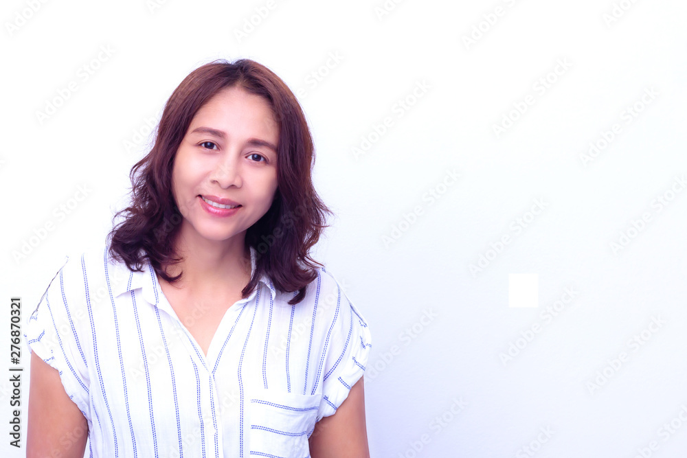 Portrait of beautiful  asian woman with curly hair style smiling with joyful and charming on white background isolate. 