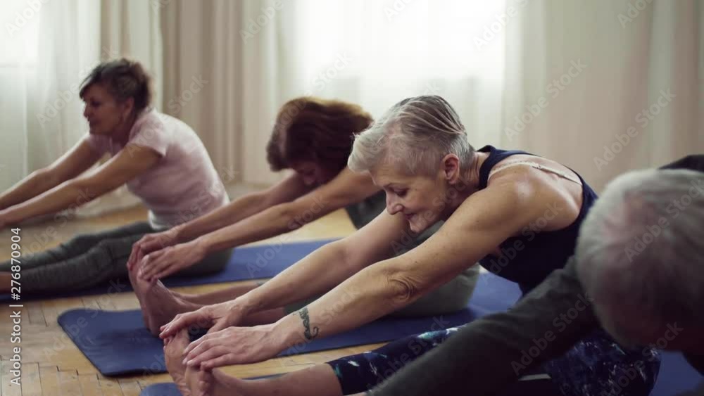 Group of senior people doing exercise in community center club.