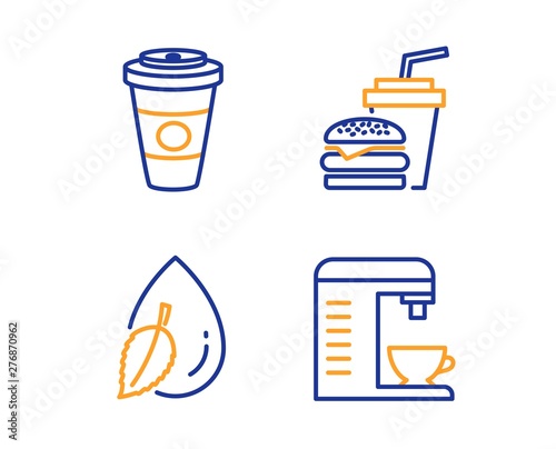Water drop, Takeaway coffee and Hamburger icons simple set. Coffee machine sign. Mint leaf, Hot latte drink, Burger with drink. Cappuccino machine. Food and drink set. Linear water drop icon. Vector