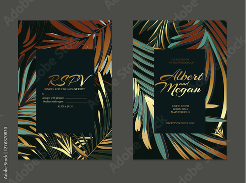 Wedding cards with luxury gold palm leaves and text. Modern invitation design background for wedding, invitation, web, banner, card, pattern, wallpaper vector illustration.