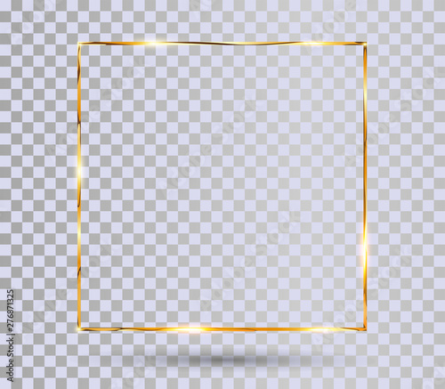 Gold shiny frame with shadows isolated on transparent background.  Golden luxury frame, realistic shiny rectangle border. Useful for app, banner, party invitation card or happy birthday. Art element