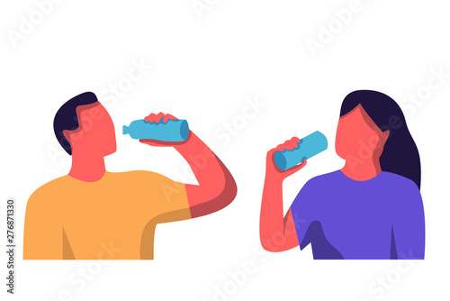 Woman drinking water. Man drinking water. People drinking water set. Flat vector illustration